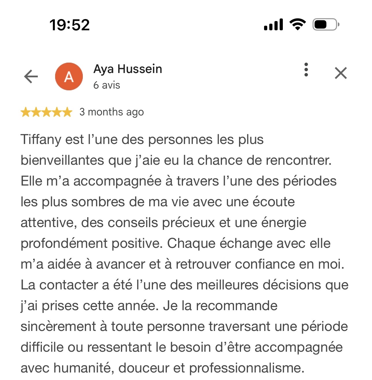 Avis Google d'Aya sur son accompagnement avec Tiffany