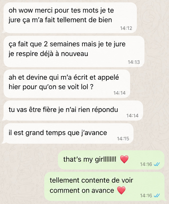 Exemple d'échange WhatsApp entre deux séances