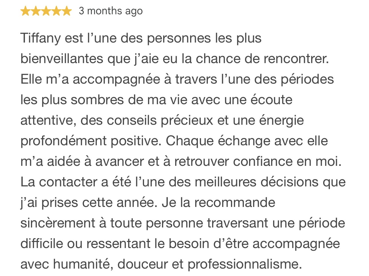 Avis Google d'Aya sur son accompagnement avec Tiffany