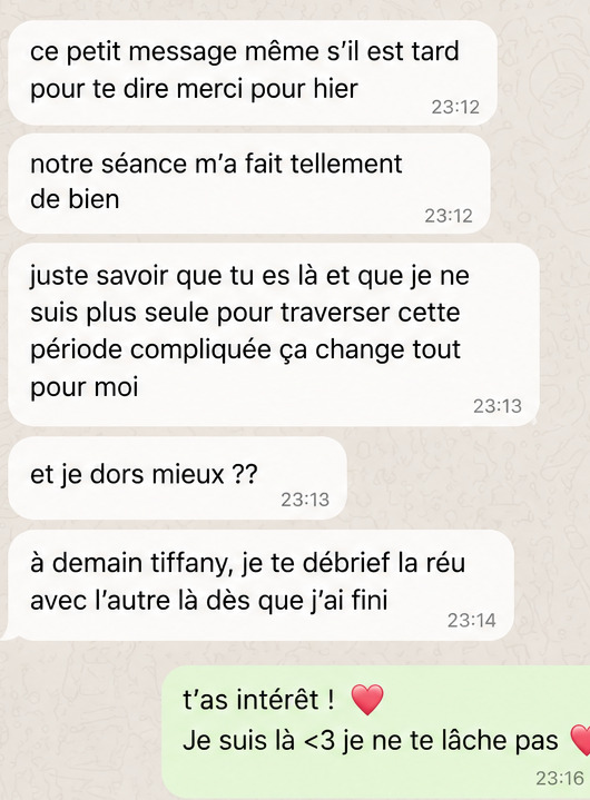 Exemple d'échange WhatsApp entre deux séances