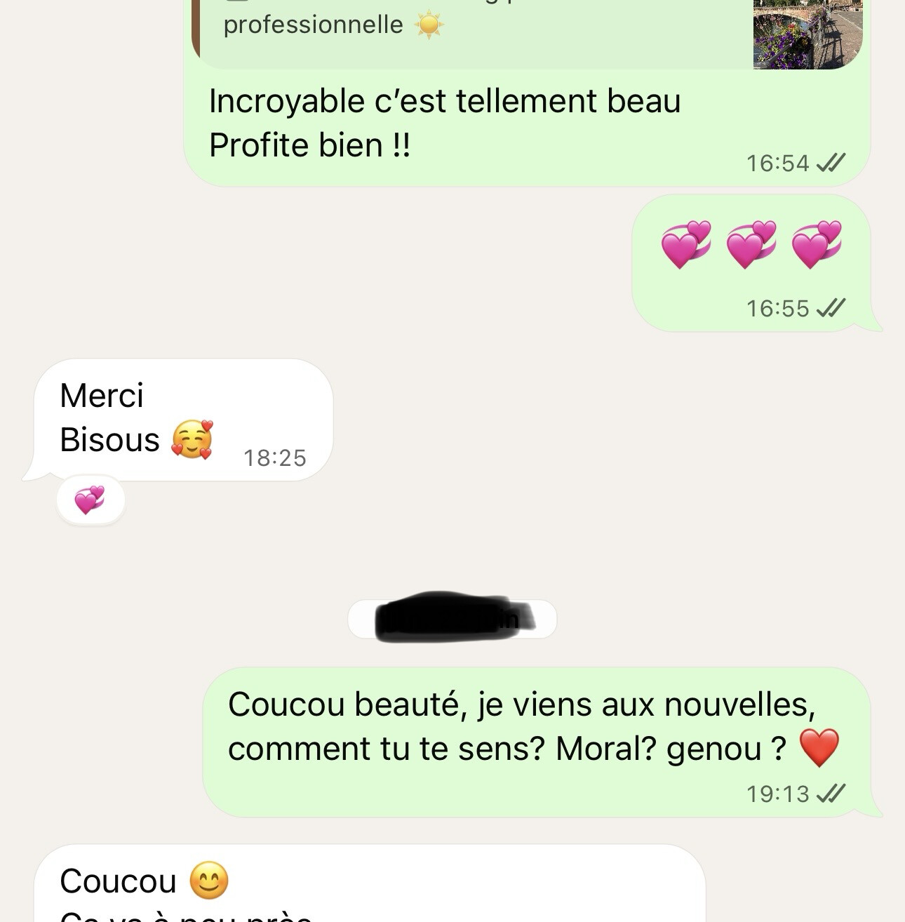 Exemple d'échange WhatsApp entre deux séances